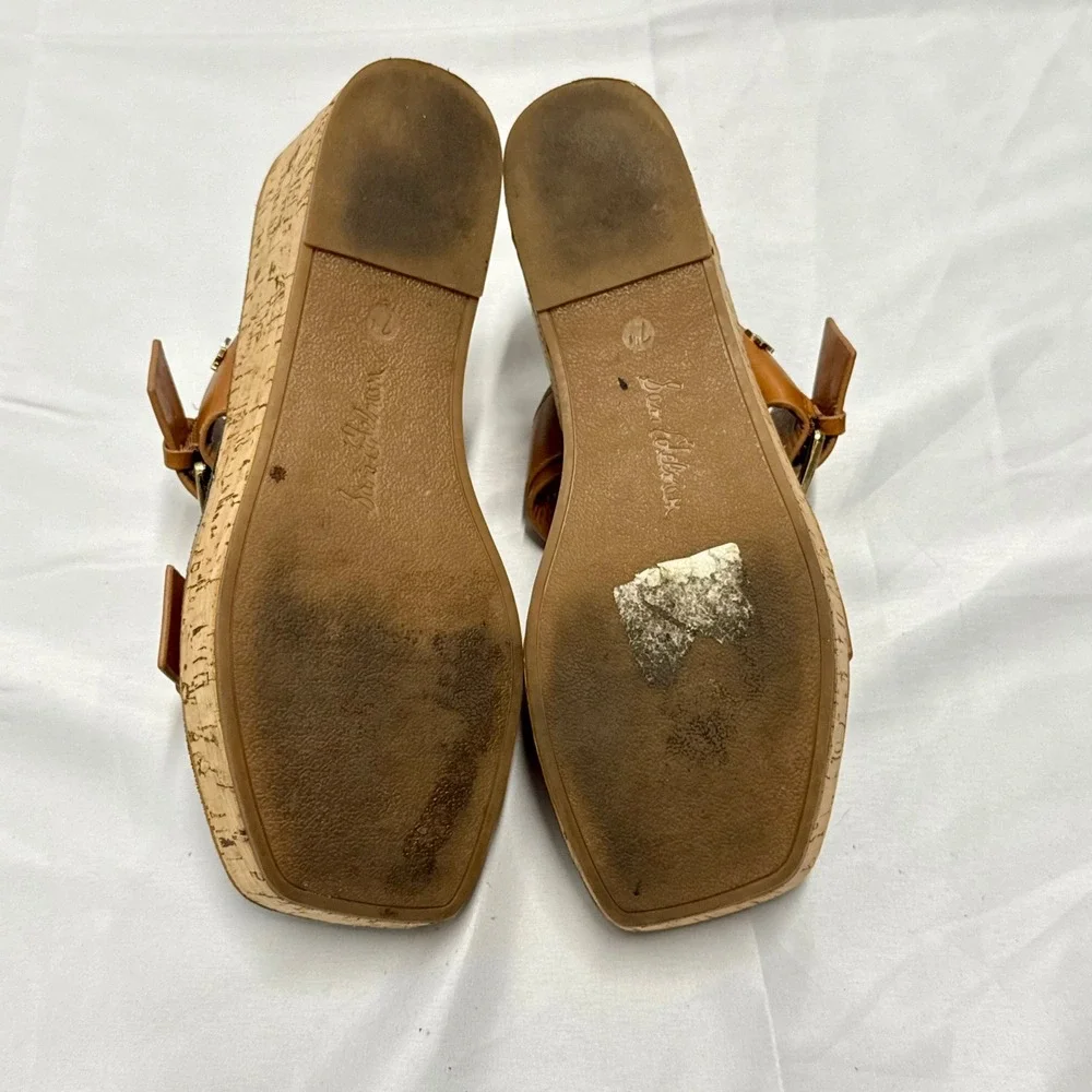 Sam Edelman Anna Leather Cork Wedge Sandals Gold Buckle Platform Square Toe 7.5